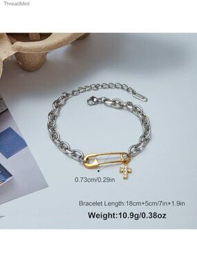 Two Tone Safety Pin Bracelet Minimalist Link Chain Bracelet